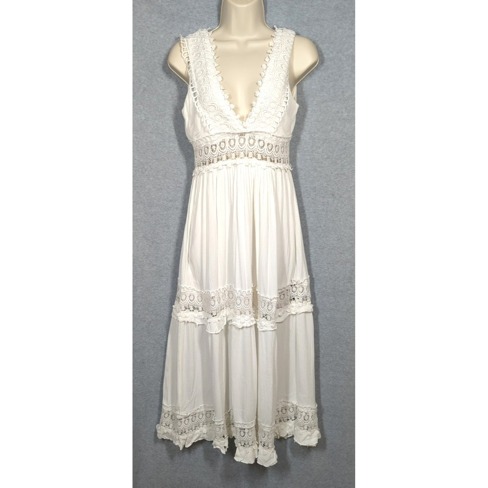 Rue 21 Maxi Dress S White Crochet Lace Inserts Fairy Core Beach Coquette Prairie